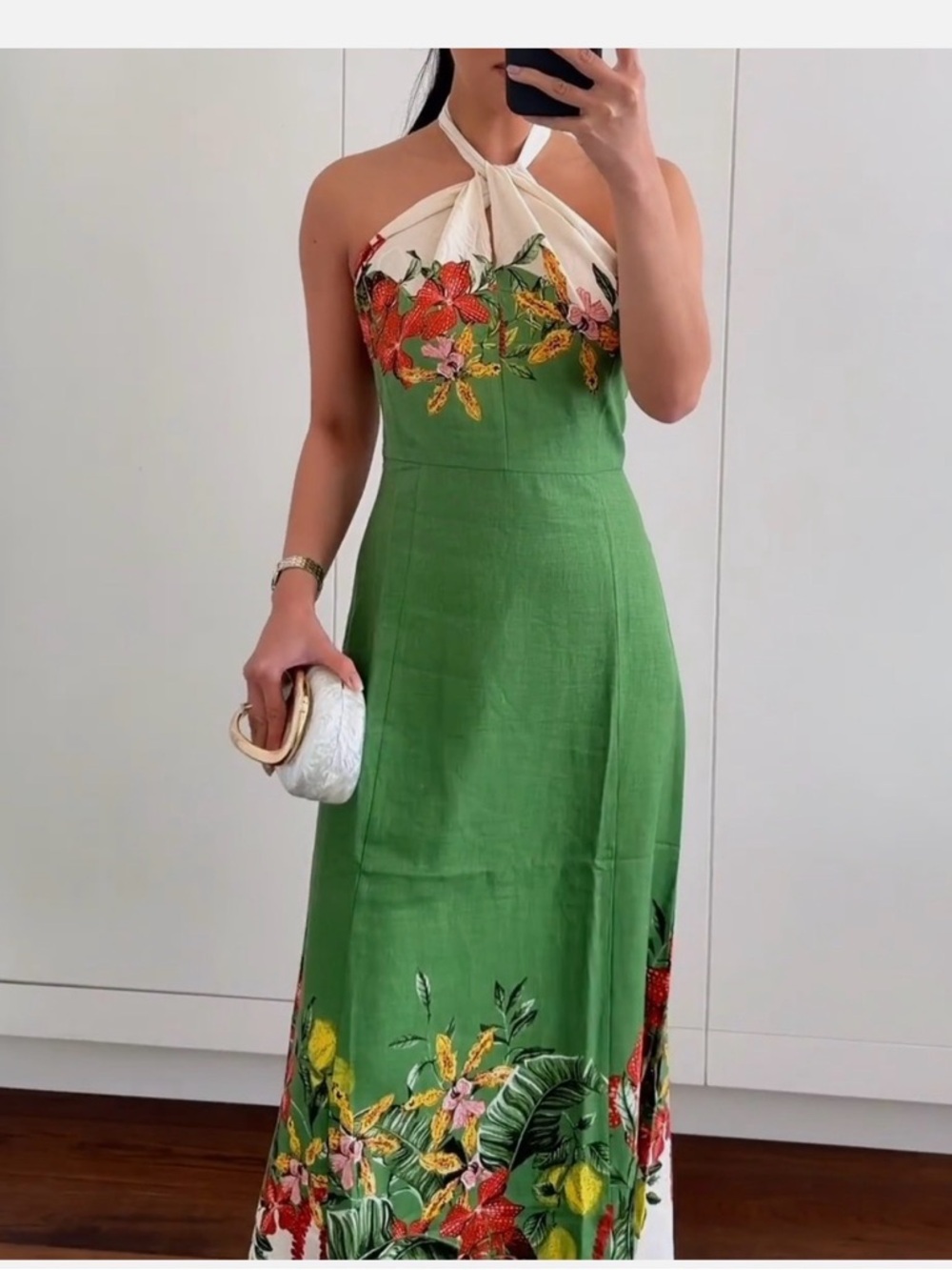 H&M Premium women's Linen-blend Green and Floral Midi Dress - Picture 14 of 15